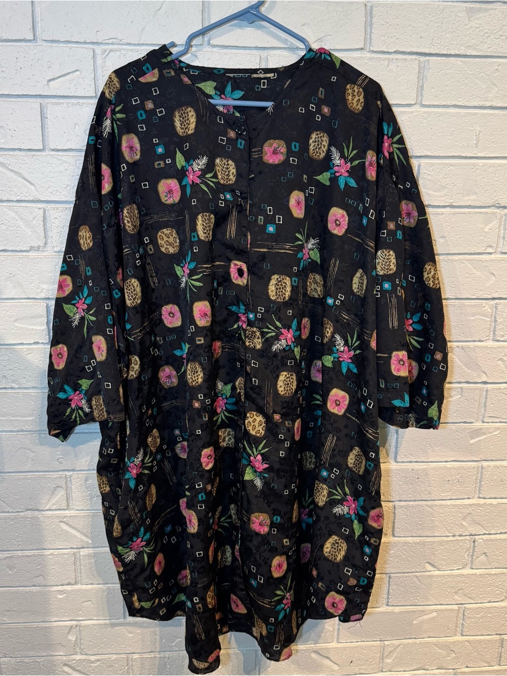 Vintage 90s Silky Black Patterned Shirt Tunic Duster 5X